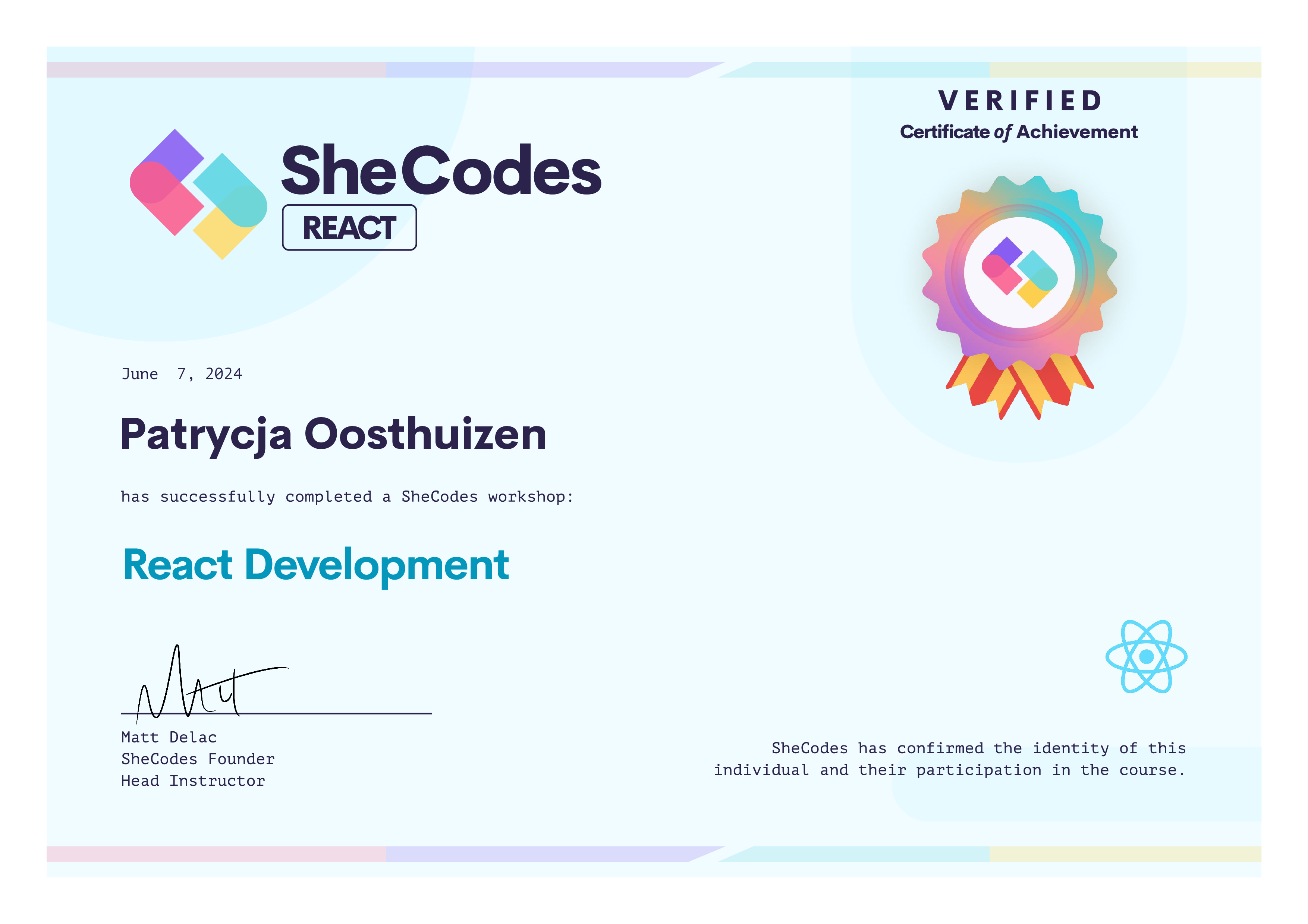 Patrycja's React certificate Patrycja's React certificate